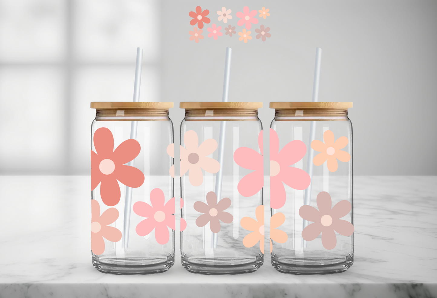 Boho Daisies 16oz Glass Can Cup