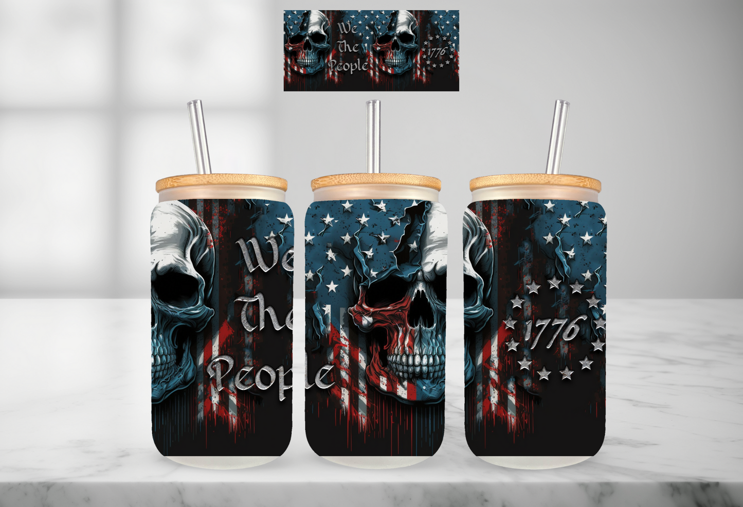 1776 Skull Glass Can Cup16oz