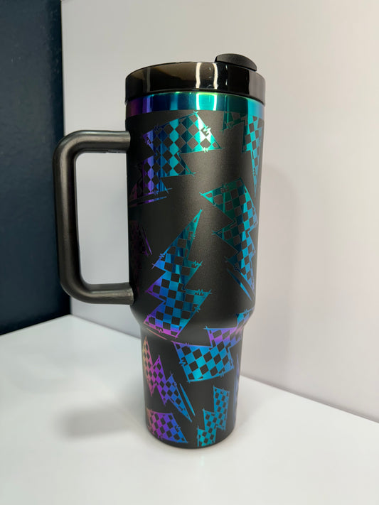 Checkered Lightning Bolt 40oz laser engraved tumbler