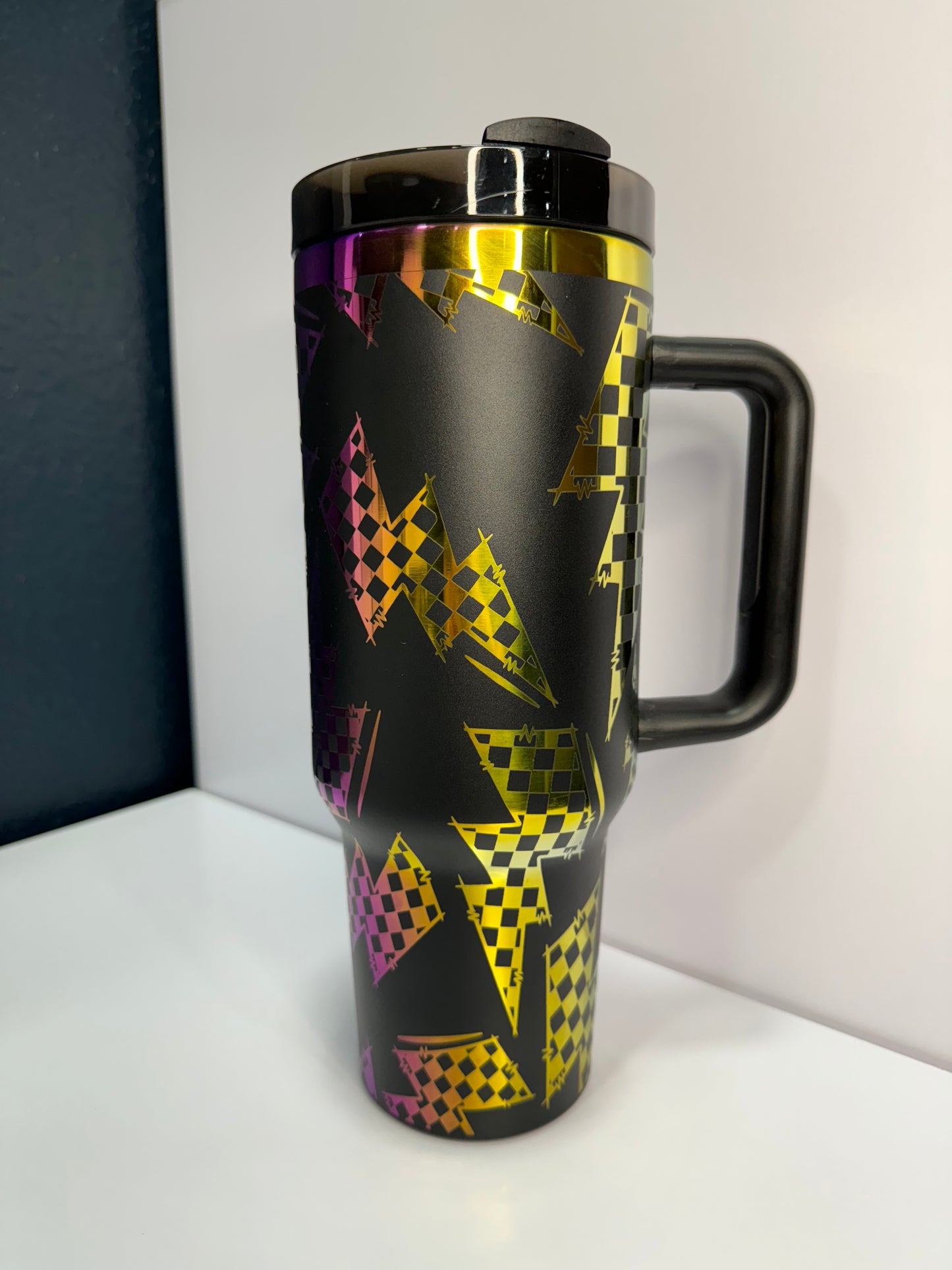 Checkered Lightning Bolt 40oz laser engraved tumbler