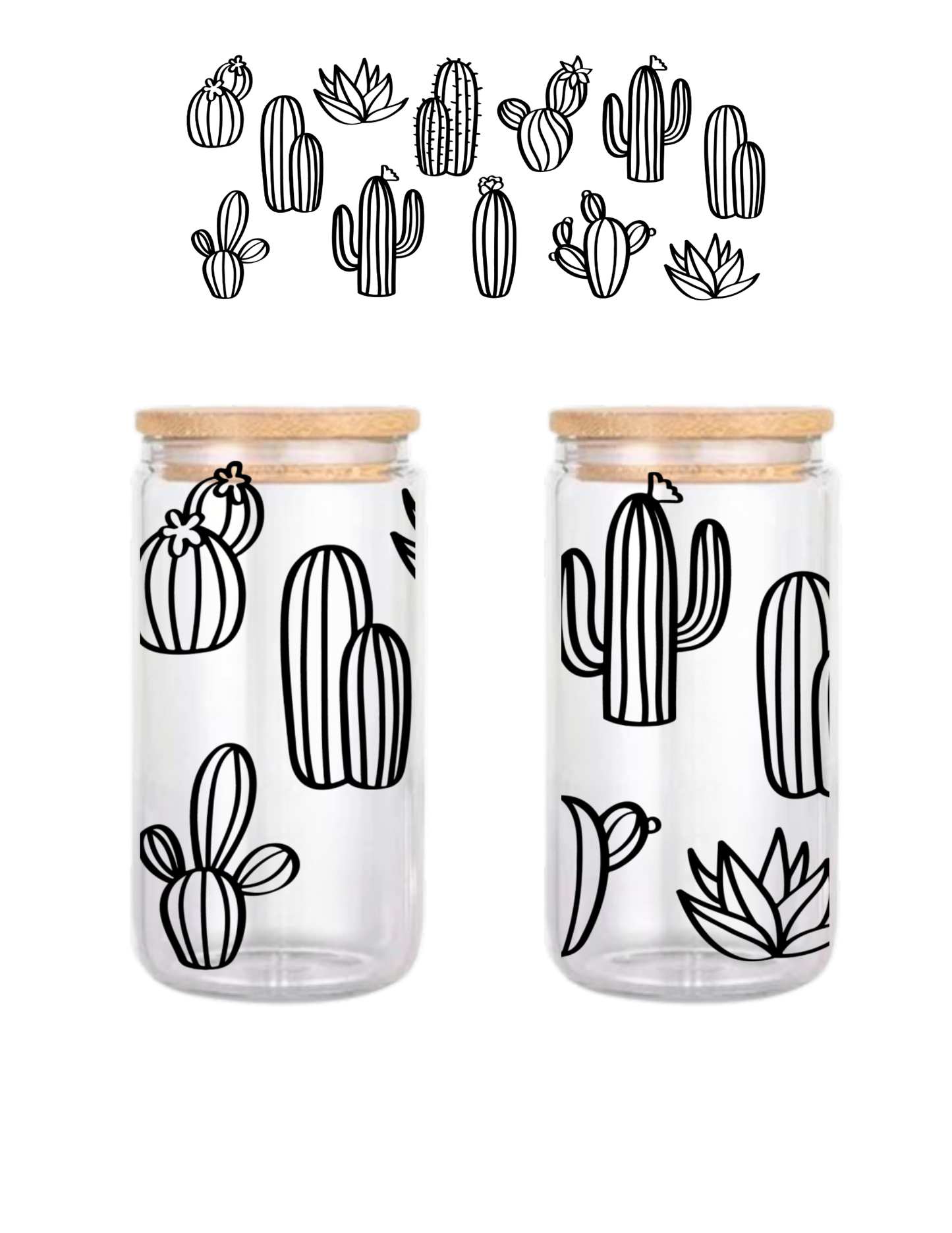 Cactus Drawing 16oz Glass Can (Clear or Frosted)