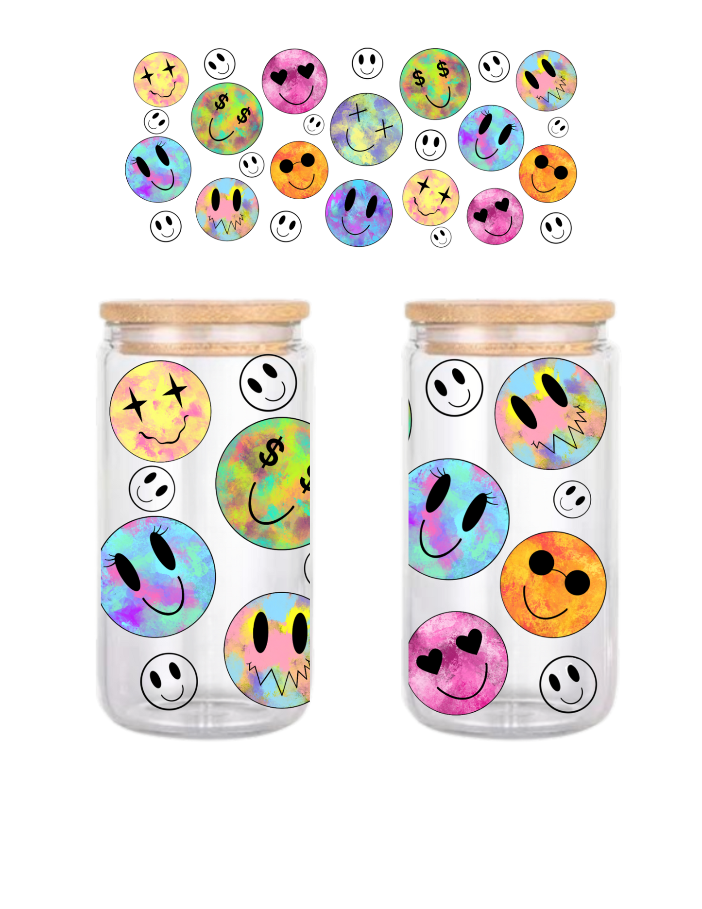 Tie-Dye Smiley 16oz Glass Can (Clear or Frosted)