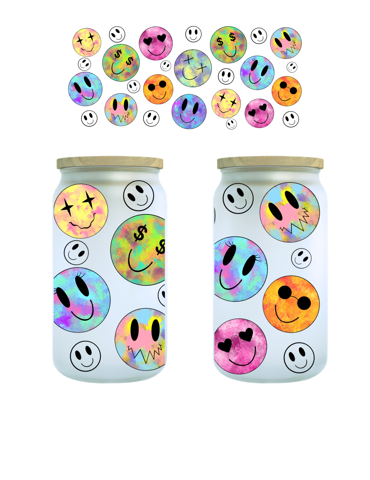 Tie-Dye Smiley 16oz Glass Can (Clear or Frosted)