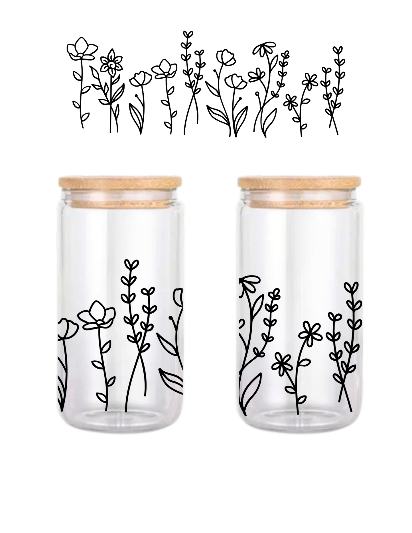 Wildflower Drawing 16oz Glass Can (Clear or Frosted)